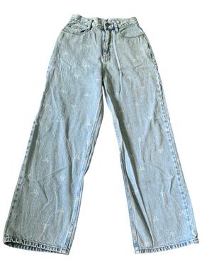 earth music & ecology Ribbon Bow Print Wide Leg Jeans Light Wash Denim Size S